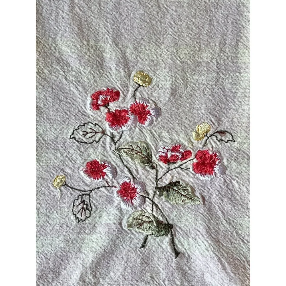 Laura Ashley Embroidered Floral Cotton Tea Towels Set Green Ribbon Trim VTG